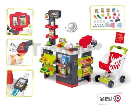 Obchod elektronický s vozíkom Supermarket Smoby váha s funkčnou pokladňou a skenerom 42 doplnkov