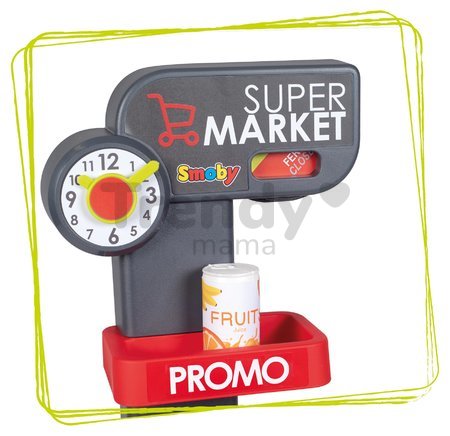 Obchod elektronický s vozíkom Supermarket Smoby váha s funkčnou pokladňou a skenerom 42 doplnkov