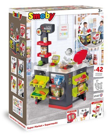 Obchod elektronický s vozíkom Supermarket Smoby váha s funkčnou pokladňou a skenerom 42 doplnkov