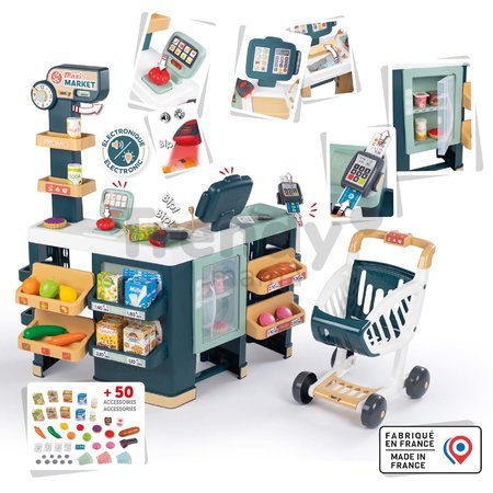 Obchod elektronický zmiešaný tovar s chladničkou Maxi Market Smoby s pokladňou váhou skenerom a 50 doplnkov 90 cm výška