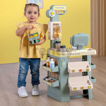 Obchod s dávkovačom potravín Nature&Fresh Market Smoby s funkčným skenerom so zvukom a svetlom a nákupný košík 35 doplnkov