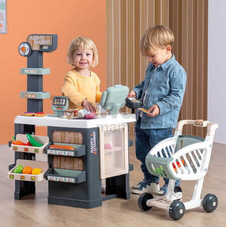 Obchod s chladničkou a elektronickým skenerom Smarty Market Smoby so zvukom a svetlom a mechanická váha s nákupným vozíkom 42 doplnkov
