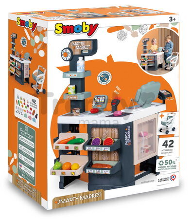 Obchod s chladničkou a elektronickým skenerom Smarty Market Smoby so zvukom a svetlom a mechanická váha s nákupným vozíkom 42 doplnkov