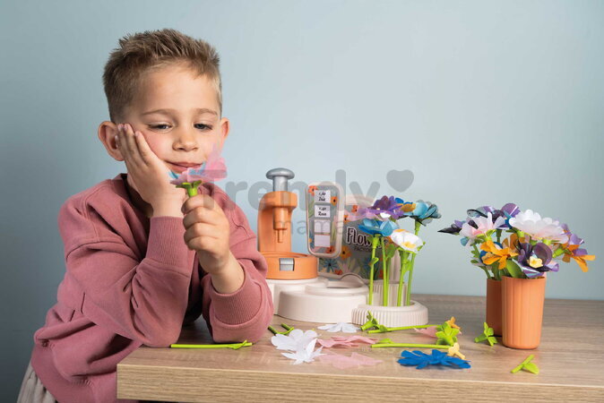 Kvetinárstvo s vlastnou výrobou textilných kvetov Crea My Flower Factory Smoby s vázami 102 doplnkov