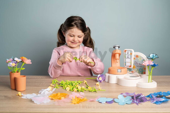 Kvetinárstvo s vlastnou výrobou textilných kvetov Crea My Flower Factory Smoby s vázami 102 doplnkov