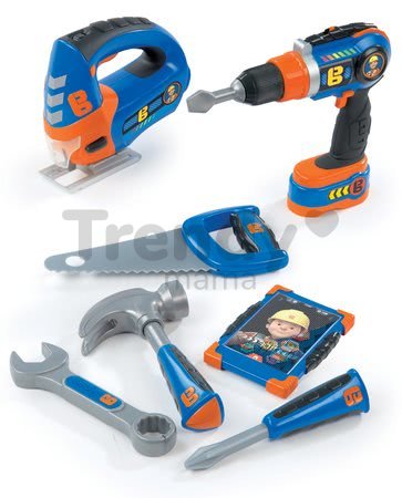 Pracovné náradie Staviteľ Bob Smoby s mechanickou vŕtačkou, pílou, mobilom a 4 náradia