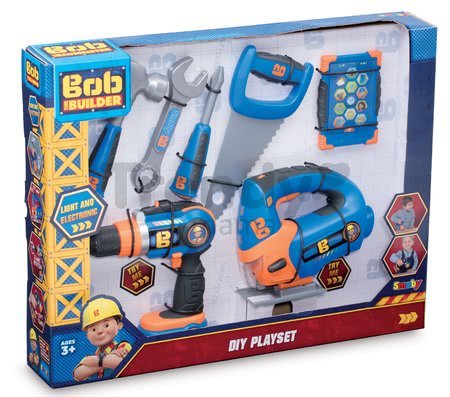 Pracovné náradie Staviteľ Bob Smoby s mechanickou vŕtačkou, pílou, mobilom a 4 náradia