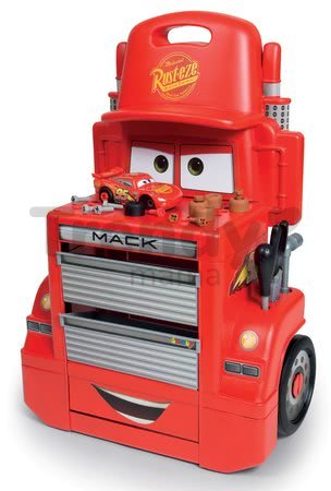 Pracovná dielňa vozík Autá Mack Truck Smoby s priečinkami a 28 doplnkami červený
