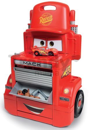 Pracovná dielňa vozík Autá Mack Truck Smoby s priečinkami a 28 doplnkami červený