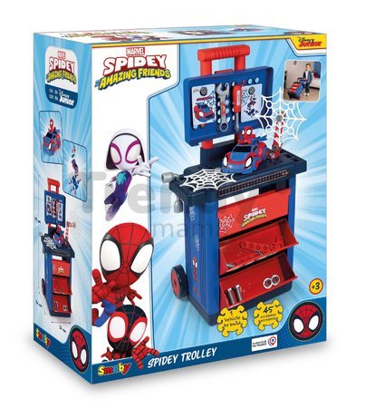 Pracovný stolík na kolieskach Spidey DIY Trolley Marvel Smoby s autíčkom figúrkou a 45 pracovných doplnkov