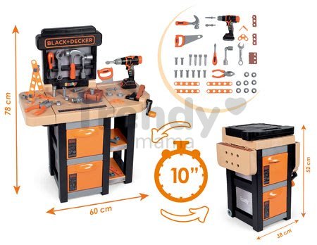 Pracovný stôl Black&Decker Open Bricolo Workbench Smoby skladací s 37 doplnkami