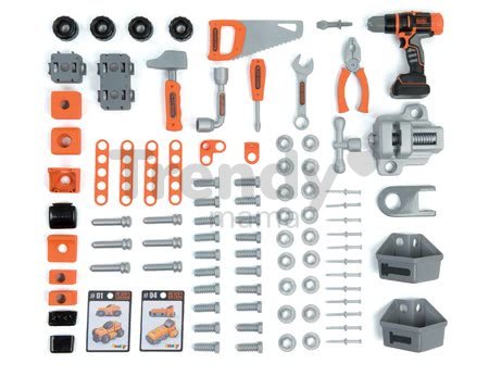 Pracovná dielňa Black+Decker Smoby s mechanickou vŕtačkou a autíčkom s 92 doplnkami