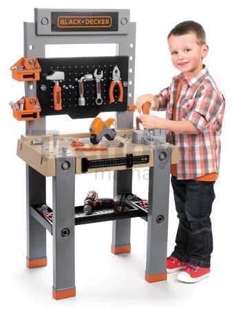 Pracovná dielňa s mechanickou vŕtačkou Black&Decker Smoby so zverákom a skladacou motorkou a 82 doplnkov 103 cm výška