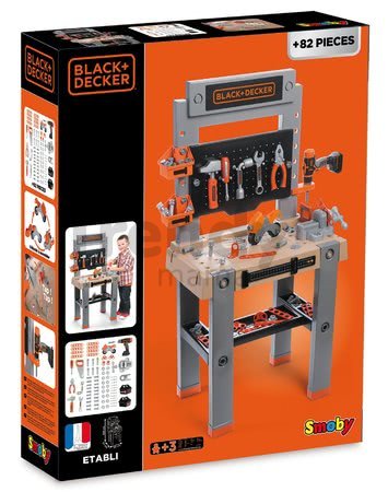 Pracovná dielňa s mechanickou vŕtačkou Black&Decker Smoby so zverákom a skladacou motorkou a 82 doplnkov 103 cm výška