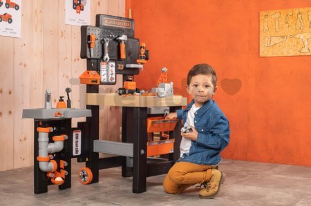 Pracovný stôl trojkrídlový Black&Decker Mega Center Smoby strojárstvo inštalatérstvo maľovanie a tesárstvo 100 doplnkov 103 cm výška