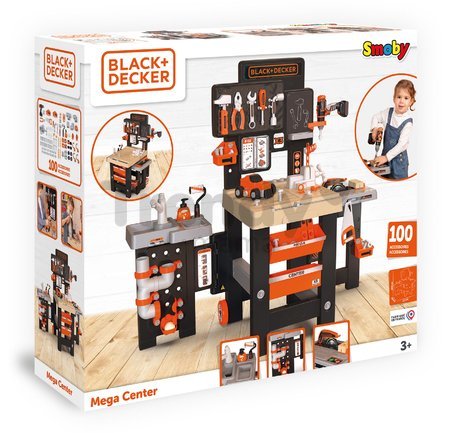 Pracovný stôl trojkrídlový Black&Decker Mega Center Smoby strojárstvo inštalatérstvo maľovanie a tesárstvo 100 doplnkov 103 cm výška