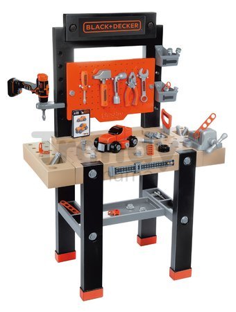 Pracovná dielňa s mechanickou vŕtačkou Black&Decker Bricolo Center Workbench Smoby so zatĺkačkou a skladacím autíčkom 92 doplnkov 103 cm výška