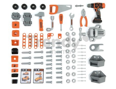Pracovná dielňa s mechanickou vŕtačkou Black&Decker Bricolo Center Workbench Smoby so zatĺkačkou a skladacím autíčkom 92 doplnkov 103 cm výška
