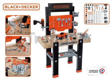 Pracovná dielňa s mechanickou vŕtačkou Black&Decker Bricolo Center Workbench Smoby so zatĺkačkou a skladacím autíčkom 92 doplnkov 103 cm výška