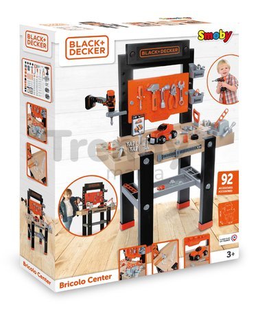 Pracovná dielňa s mechanickou vŕtačkou Black&Decker Bricolo Center Workbench Smoby so zatĺkačkou a skladacím autíčkom 92 doplnkov 103 cm výška