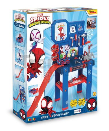 Pracovná dielňa Spidey Bricolo Center Marvel Smoby so skákajúcou rampou a autíčkom s 92 doplnkami 110 cm výška