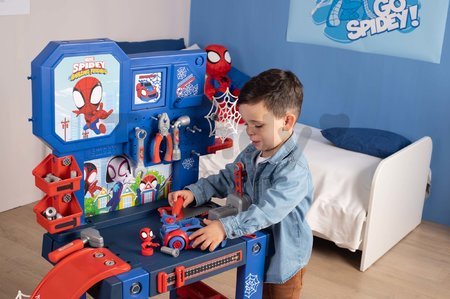 Pracovná dielňa Spidey Bricolo Center Marvel Smoby so skákajúcou rampou a autíčkom s 92 doplnkami 110 cm výška