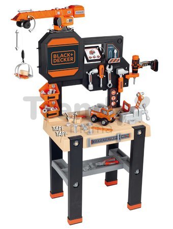 Pracovný stôl s funkčným žeriavom Black&Decker Bricolo Builder Smoby so stavebnicou auto a vŕtačkou a 94 doplnkov 117 cm výška