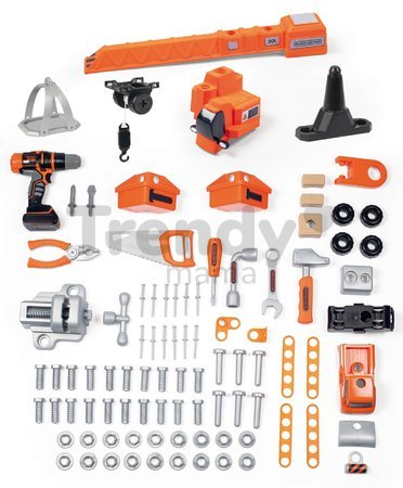 Pracovný stôl s funkčným žeriavom Black&Decker Bricolo Builder Smoby so stavebnicou auto a vŕtačkou a 94 doplnkov 117 cm výška