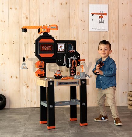 Pracovný stôl s funkčným žeriavom Black&Decker Bricolo Builder Smoby so stavebnicou auto a vŕtačkou a 94 doplnkov 117 cm výška