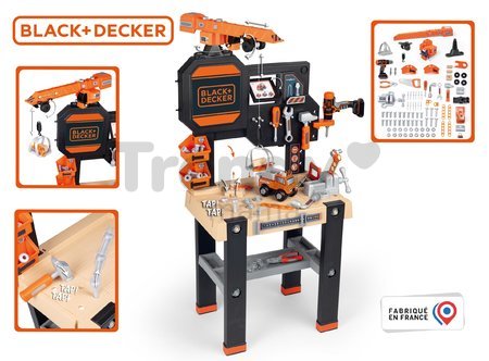 Pracovný stôl s funkčným žeriavom Black&Decker Bricolo Builder Smoby so stavebnicou auto a vŕtačkou a 94 doplnkov 117 cm výška