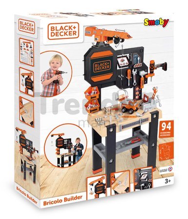 Pracovný stôl s funkčným žeriavom Black&Decker Bricolo Builder Smoby so stavebnicou auto a vŕtačkou a 94 doplnkov 117 cm výška