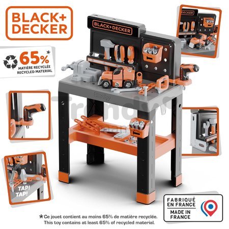 Pracovná dielňa so skladacím autíčkom Bricolo Pro Workbench Black&Decker Smoby s mechanickou vŕtačkou a náradím s montážnymi dielikmi 78 doplnkov výšk