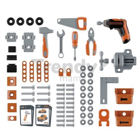 Pracovná dielňa so skladacím autíčkom Bricolo Pro Workbench Black&Decker Smoby s mechanickou vŕtačkou a náradím s montážnymi dielikmi 78 doplnkov výšk