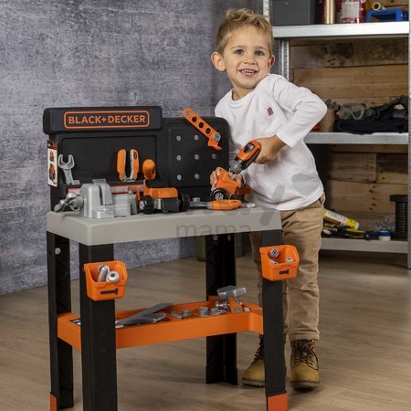 Pracovná dielňa so skladacím autíčkom Bricolo Pro Workbench Black&Decker Smoby s mechanickou vŕtačkou a náradím s montážnymi dielikmi 78 doplnkov výšk