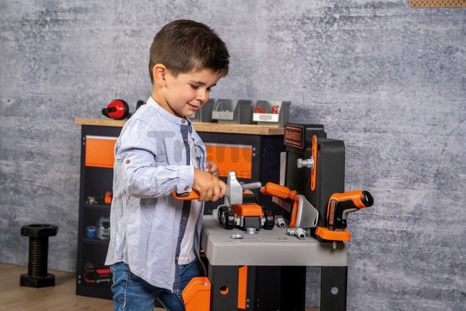 Pracovná dielňa so skladacím autíčkom Bricolo Pro Workbench Black&Decker Smoby s mechanickou vŕtačkou a náradím s montážnymi dielikmi 78 doplnkov výšk