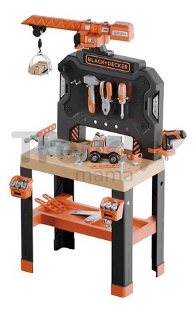 Pracovný stôl s mechanickým žeriavom Bricolo Builder Black&Decker Smoby so skladacím autíčkom a vŕtačkou 92 doplnkov 102 cm výška