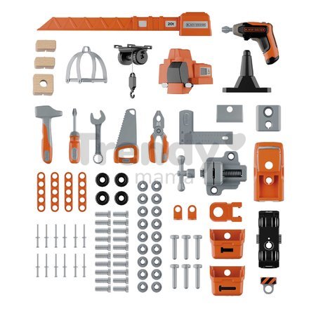 Pracovný stôl s mechanickým žeriavom Bricolo Builder Black&Decker Smoby so skladacím autíčkom a vŕtačkou 92 doplnkov 102 cm výška