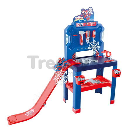 Pracovná dielňa s autíčkom Spidey Bricolo Workbench Marvel Smoby so skákajúcou rampou a náradím 90 doplnkov