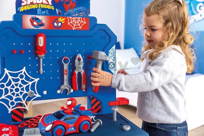 Pracovná dielňa s autíčkom Spidey Bricolo Workbench Marvel Smoby so skákajúcou rampou a náradím 90 doplnkov