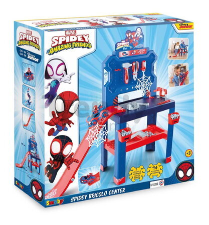 Pracovná dielňa s autíčkom Spidey Bricolo Workbench Marvel Smoby so skákajúcou rampou a náradím 90 doplnkov