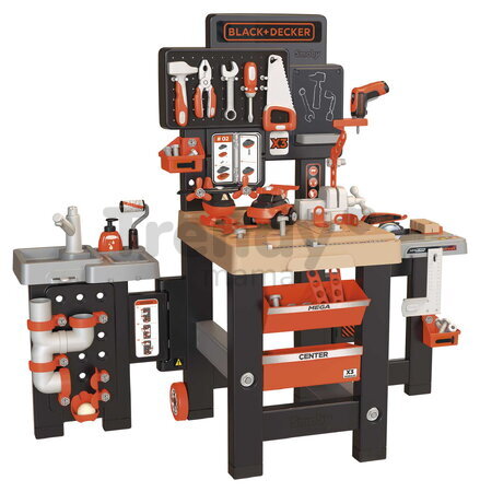 Pracovný stôl trojkrídlový na kolieskach Black&Decker Mega Center Smoby strojárstvo inštalatérstvo maľovanie a tesárstvo 100 doplnkov 103 cm výška