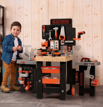 Pracovný stôl trojkrídlový na kolieskach Black&Decker Mega Center Smoby strojárstvo inštalatérstvo maľovanie a tesárstvo 100 doplnkov 103 cm výška