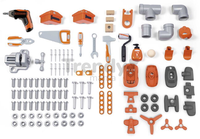 Pracovný stôl trojkrídlový na kolieskach Black&Decker Mega Center Smoby strojárstvo inštalatérstvo maľovanie a tesárstvo 100 doplnkov 103 cm výška