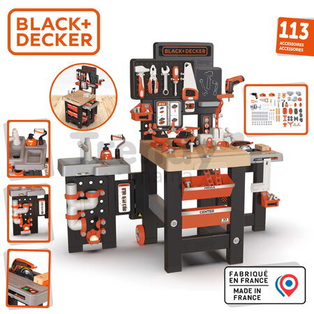Pracovný stôl trojkrídlový na kolieskach Black&Decker Mega Center Smoby strojárstvo inštalatérstvo maľovanie a tesárstvo 100 doplnkov 103 cm výška