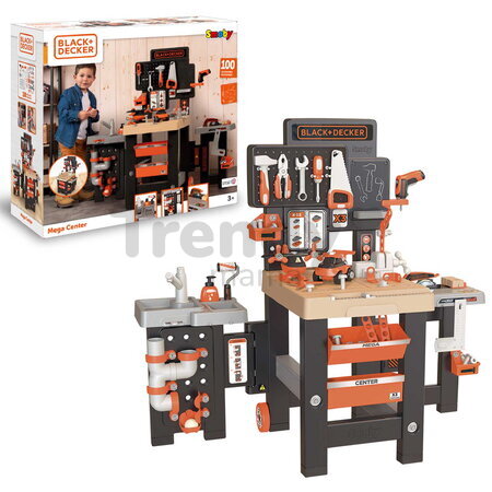 Pracovný stôl trojkrídlový na kolieskach Black&Decker Mega Center Smoby strojárstvo inštalatérstvo maľovanie a tesárstvo 100 doplnkov 103 cm výška