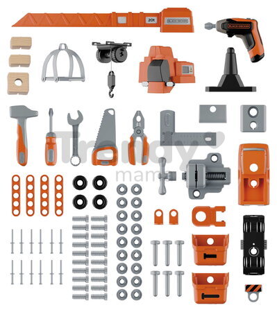Pracovná dielňa s mechanickým žeriavom Bricolo Builder Black&Decker Smoby so skladacím autíčkom a vŕtačkou 87 doplnkov