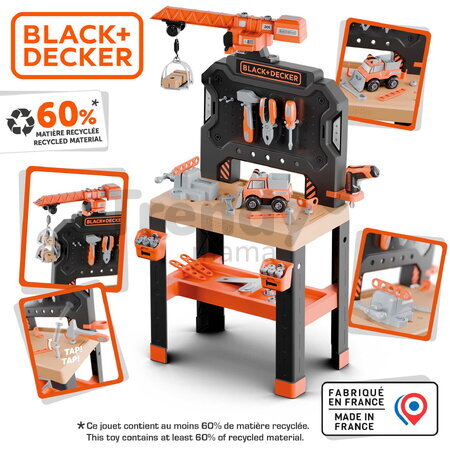 Pracovná dielňa s mechanickým žeriavom Bricolo Builder Black&Decker Smoby so skladacím autíčkom a vŕtačkou 87 doplnkov