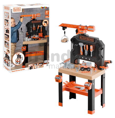 Pracovná dielňa s mechanickým žeriavom Bricolo Builder Black&Decker Smoby so skladacím autíčkom a vŕtačkou 87 doplnkov