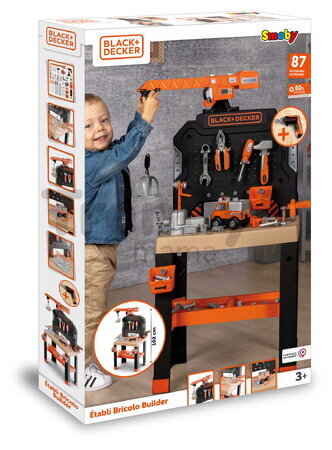 Pracovná dielňa s mechanickým žeriavom Bricolo Builder Black&Decker Smoby so skladacím autíčkom a vŕtačkou 87 doplnkov