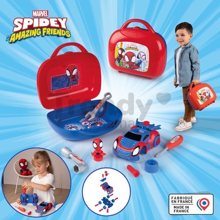 Kufrík s rozoberateľným autíčkom Spidey Box Spidey Marvel Smoby s figúrkou a pracovným náradím 13 dielov